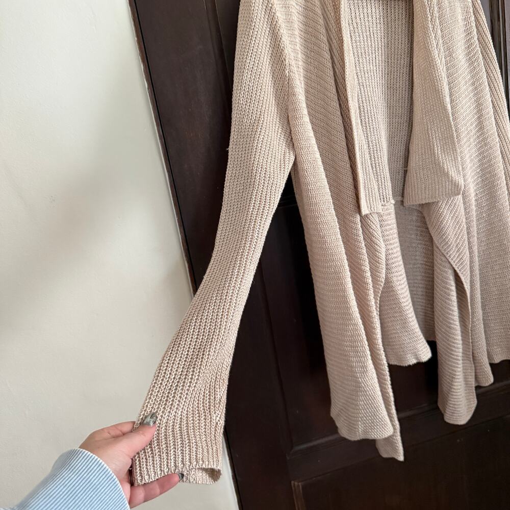 EILEEN FISHER | Oatmeal Tan Open Weave Linen Open Front Cardigan | Large - Picture 3 of 5